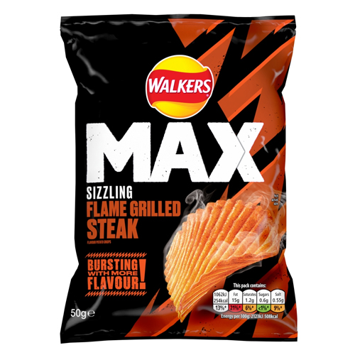 WALKERS MAX SIZZLING FLAME GRILLED STEAK CRISPS 50G