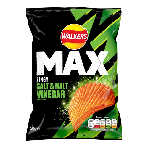 WALKERS MAX ZINGY SALT & MALT VINEGAR CRISPS 50G