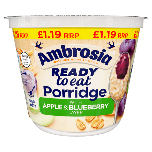 AMBROSIA READY TO EAT APPLE BLUEBERRY PORRIDGE POT PMP £1.29 210G