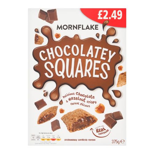 MORNFLAKE CHOCOLATEY SQUARES PMP £2.49 375G