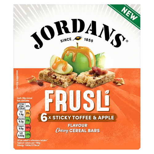 JORDANS FRUSLI STICKY TOFFEE & APPLE CHEWY CEREAL BARS 6PK 180G