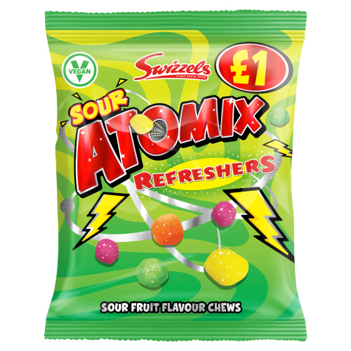 SWIZZELS ATOMIX REFRESHERS SOUR FRUIT FLAVOUR CHEWS PMP £1.00 100G