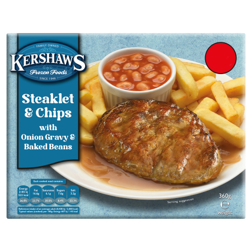 KERSHAWS CLASSIC STEAKLET & CHIPS WITH ONION GRAVY & BAKED BEANS PMP £2.75 360G