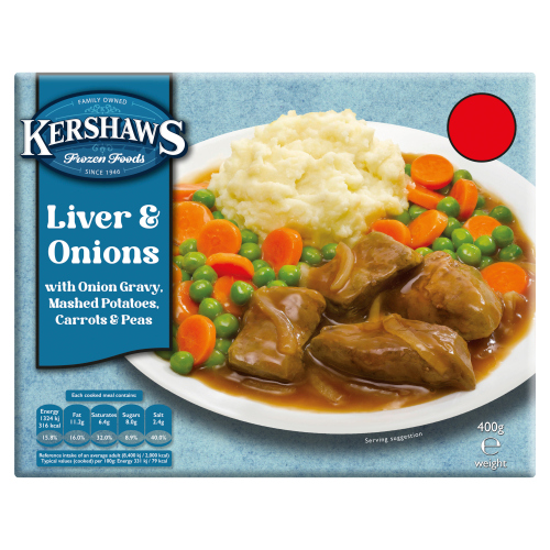 KERSHAWS HOMESTYLE LIVER & ONIONS WITH ONION GRAVY, MASHED POTATO, CARROTS & PEAS PMP £2.75 400G
