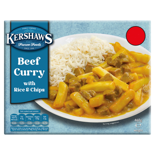 KERSHAWS CHIP SHOP BEEF CURRY WITH RICE & CHIPS PMP £2.75 460G