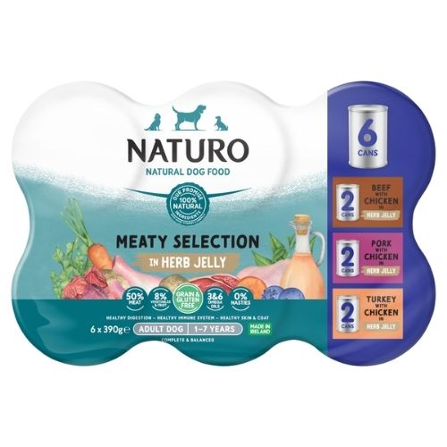 NATURO NATURAL DOG FOOD MEATY SELECTION IN HERB JELLY ADULT DOG 1-7 YEARS 390G