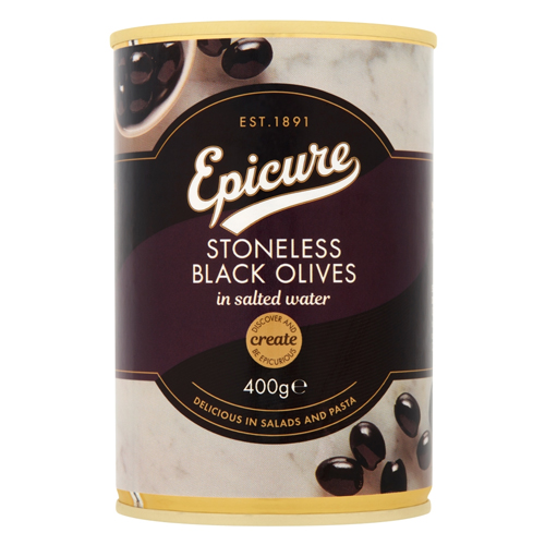 EPICURE STONELESS BLACK OLIVES 400G