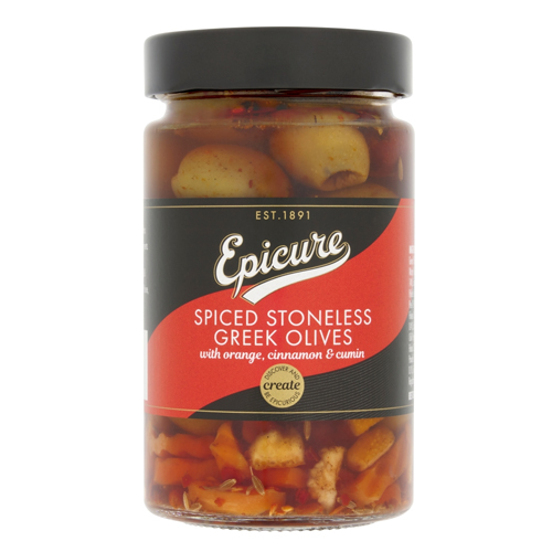 EPICURE SPICED STONELESS GREEK OLIVES WITH ORANGE, CINNAMON & CUMIN 310G