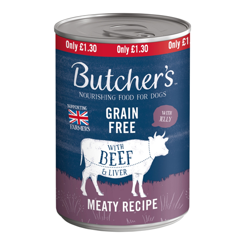 BUTCHERS BEEF & LIVER CHUNKS IN JELLY DOG FOOD TIN PMP £1.30 400G