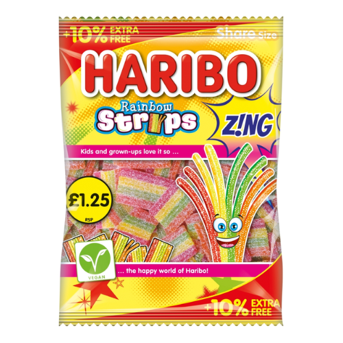HARIBO RAIN STRIPS Z!NG +10% EXTRA FREE BAG PMP £1.25 154G