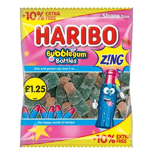 HARIBO BUBBLEGUM BOTTLES Z!NG BAG PMP £1.25 140G