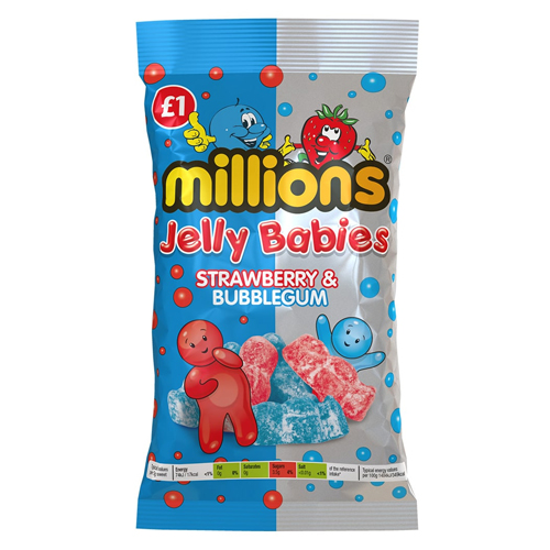 MILLIONS STRAW & BUBBLEGUM JELLY BABIES 140G