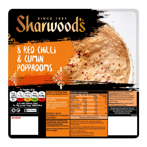 SHARWOOD'S 8 RED CHILLI & CUMIN POPPADOMS 72G