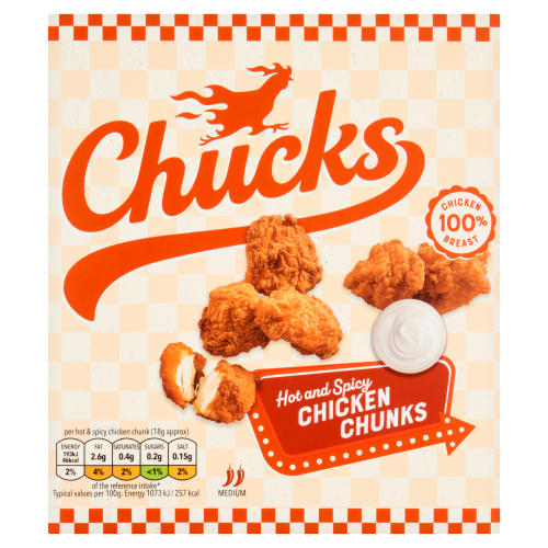 CHUCKS HOT AND SPICY CHICKEN CHUNKS 225G