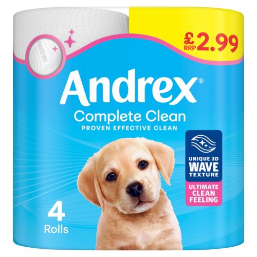 ANDREX COMPLETE CLEAN TOILET TISSUES 4 ROLLS PMP £2.99