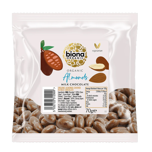 BIONA ORGANIC ALMONDS MILK CHOCOLATE ALOMONDS 70G