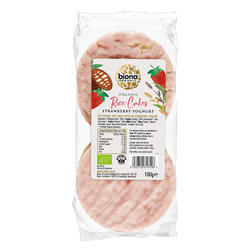 BIONA ORGANIC STRAWBERRY YOGHURT COATED RICE CAKE 100G