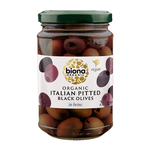 BIONA ORGANIC PITTED BLACK OLIVES IN BRINE 280G