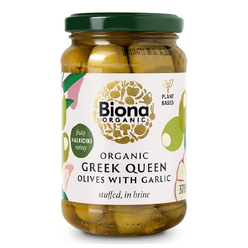 BIONA GREEK QUEEN OLIVES WITH GARLIC STUFFED IN BRINE ORGANIC 370G