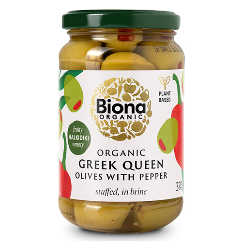 BIONA GREEK QUEEN OLIVES WITH RED PEPPER STUFFED IN BRINE ORGANIC 370G