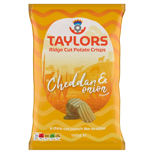TAYLORS CHEDDAR & ONION FLAVOUR RIDGE CUT POTATO CRISPS 150G