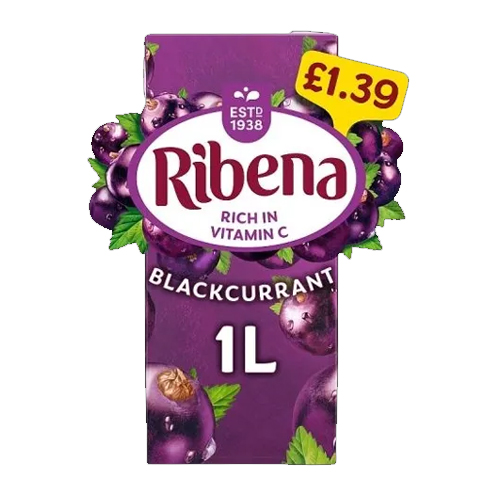 RIBENA BLACKCURRANT JUICE DRINK PMP £1.39 1L