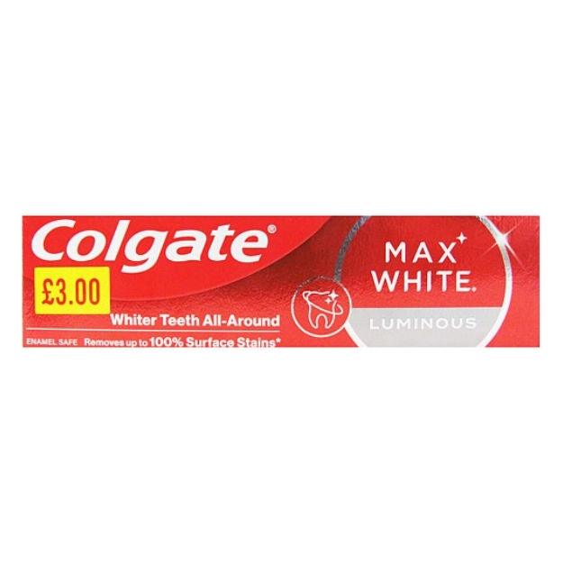 COLGATE TOOTHPASTE MAX WHITE LUMINOUS PMP £3.00 75ML