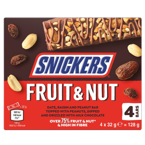 SNICKERS TRIPLE TREAT FRUIT & NUT CHOCOLATE SNACK BAR 4PK 128G