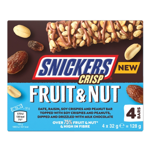 SNICKERS CRISP TRIPLE TREAT FRUIT & NUT CHOCOLATE SNACK BAR 4PK 128G