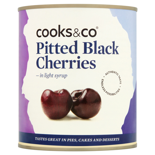 COOKS & CO PITTED BLACK CHERRIES IN SYRUP 850G