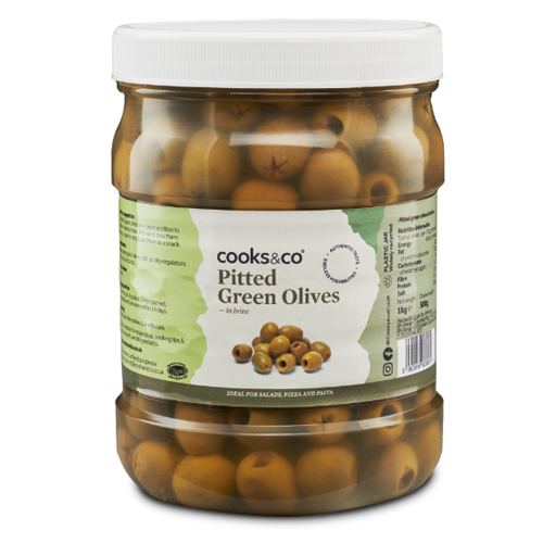 COOKS & CO PITTED GREEN OLIVES 1KG