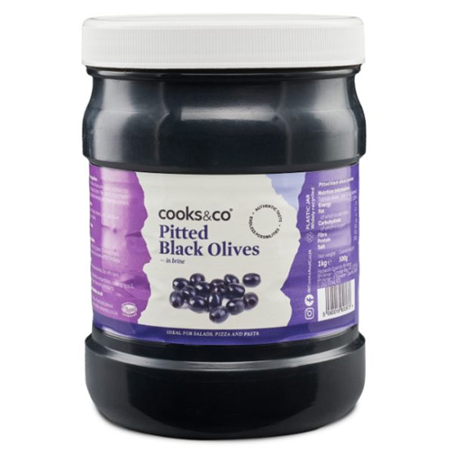 COOKS & CO PITTED BLACK OLIVES IN BRINE 1KG