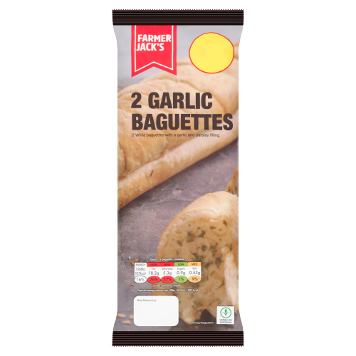 FARMER JACK'S 2 GARLIC BAGUETTES PMP £1.49 338G