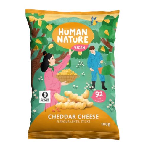 HUMAN NATURE VEGAN CHEDDAR CHEESE FLAVOUR LENTIL STICKS 100G