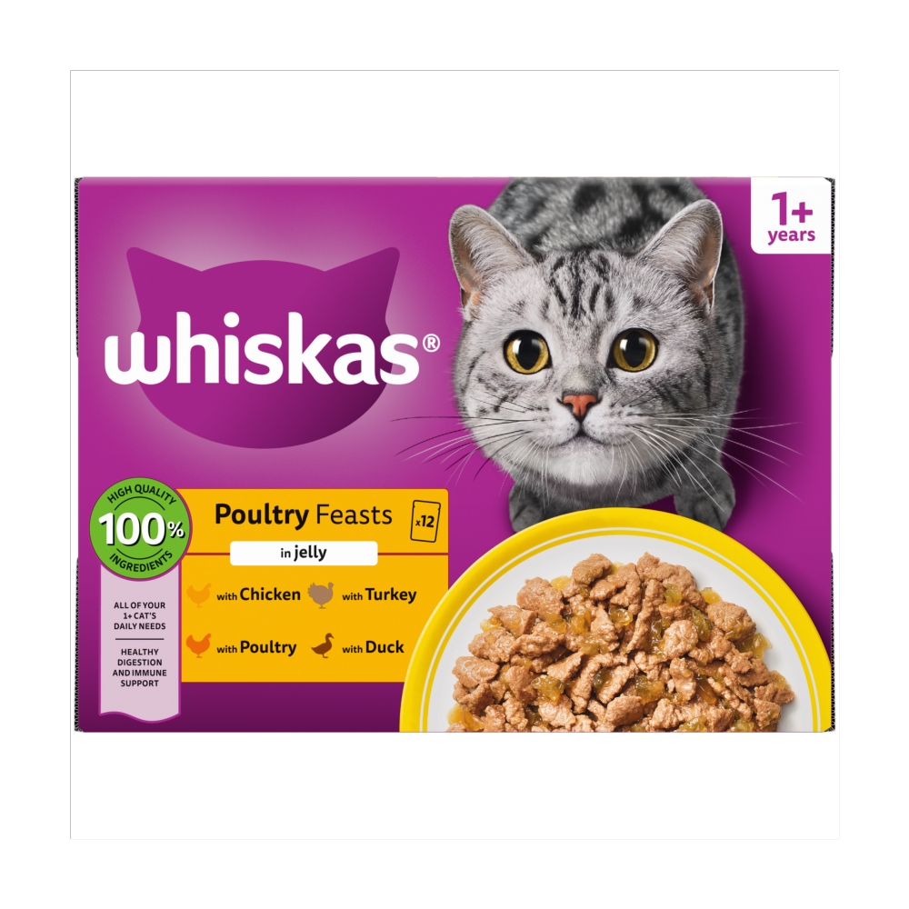 WHISKAS 1+ CAT POUCHES POULY FREASTS IN JELLY 12PK 85G
