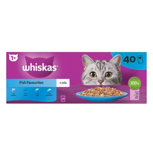 WHISKAS 1+ FISH FAVOURITES ADULT WET CAT FOOD POUCHES IN JELLY 40PK 85G