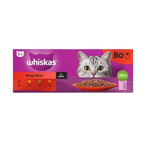 WHISKAS 1+ CAT POUCHES MEATY MEALS IN GRAVY 80X 85G