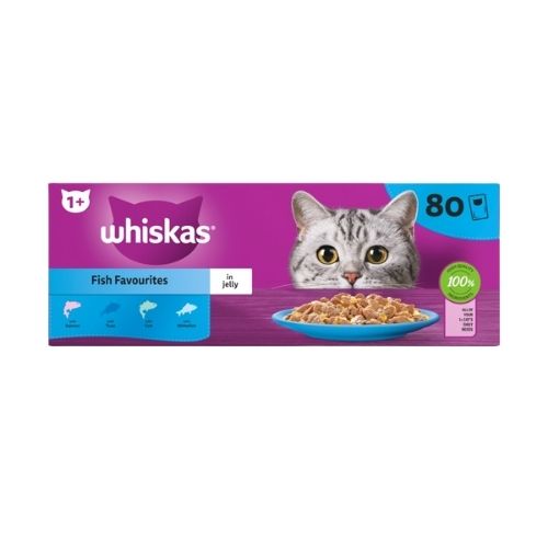 WHISKAS 1+ CAT POUCHES FISH SELECTION IN JELLY 80X 85G