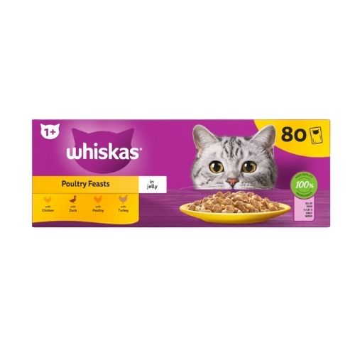 WHISKAS 1+ CAT POUCHES POULTRY SELECTION IN JELLY 80X 85G