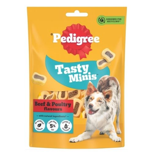 PEDIGREE TASTY MINIS ADULT DOG TREATS BEEF & POULY CHEWY SLICES 155G