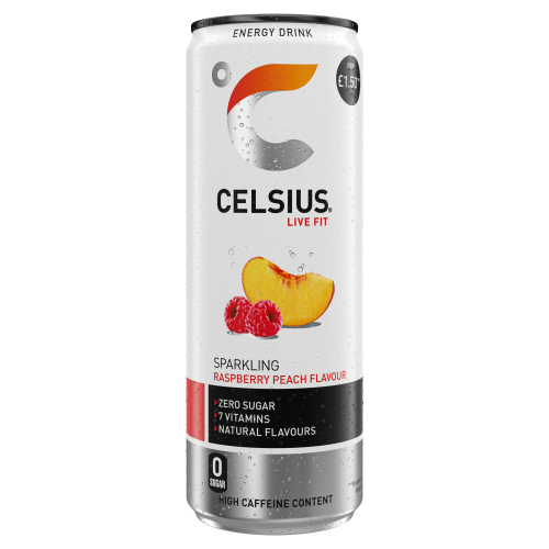 CELSIUS ENERGY SPARKLING RASPBERRY PEACH PMP £1.50 355ML
