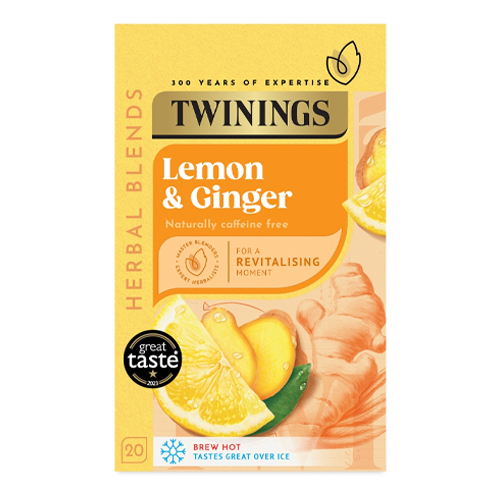 TWININGS LEMON & GINGER 20 SINGLE TEA BAGS 30G