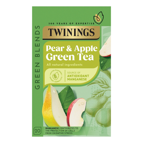 TWININGS APPLE & PEAR GREEN TEA 20 SINGLE TEA BAGS 40G