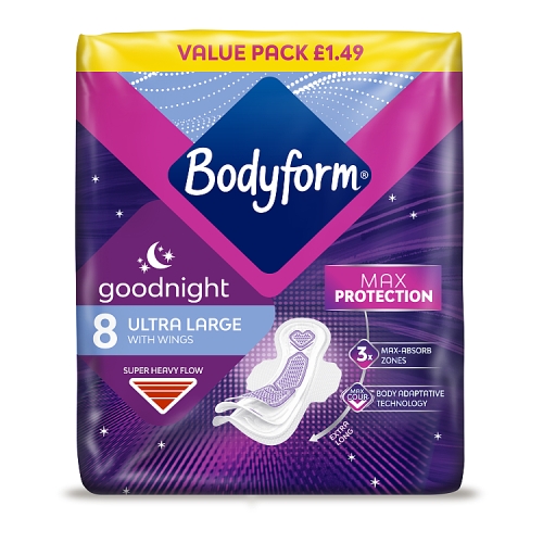 BODYFORM COUR-V ULTRA NIGHT SANITARY TOWELS WINGS VALUE PMP £1.49 8PK