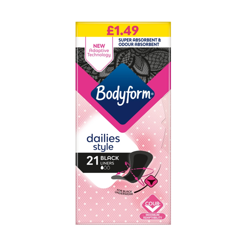 BODYFORM DAILIES BLACK NORMAL PANTY LINERS PMP £1.49 21PK