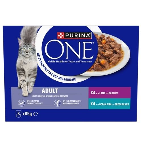 PURINA ONE ADULT CAT FOOD FISH AND LAMB 8PK 85G