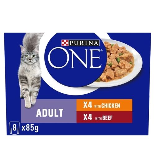 PURINA ONE ADULT CAT FOOD CHICKEN AND BEEF 8PK 85G