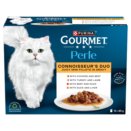 GOURMET PERLE CONNOISSEURS DUO CAT FOOD MEAT 12PK 85G