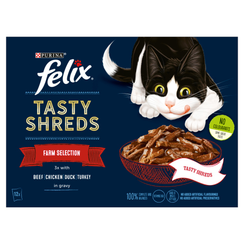 FELIX TASTY SHREDS FARM SELECTION POUCHES 12PK 80G
