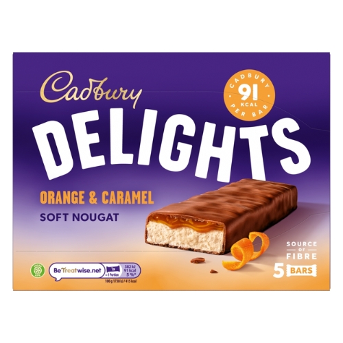 CADBURY DELIGHTS SOFT NOUGAT ORANGE & CARAMEL BARS 5PK 110G